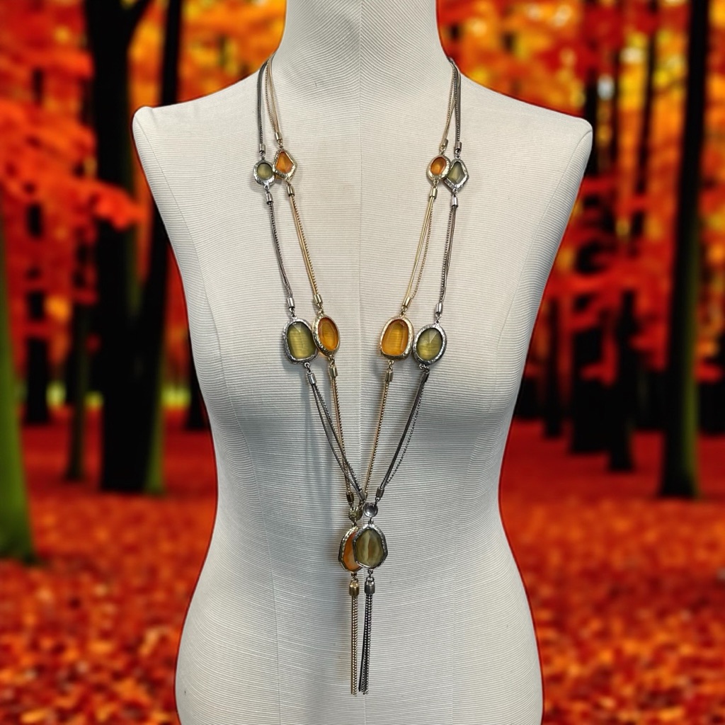 Chico’s 36” Silvertone Tassle Necklaces Lot Of 2 Fall Colors